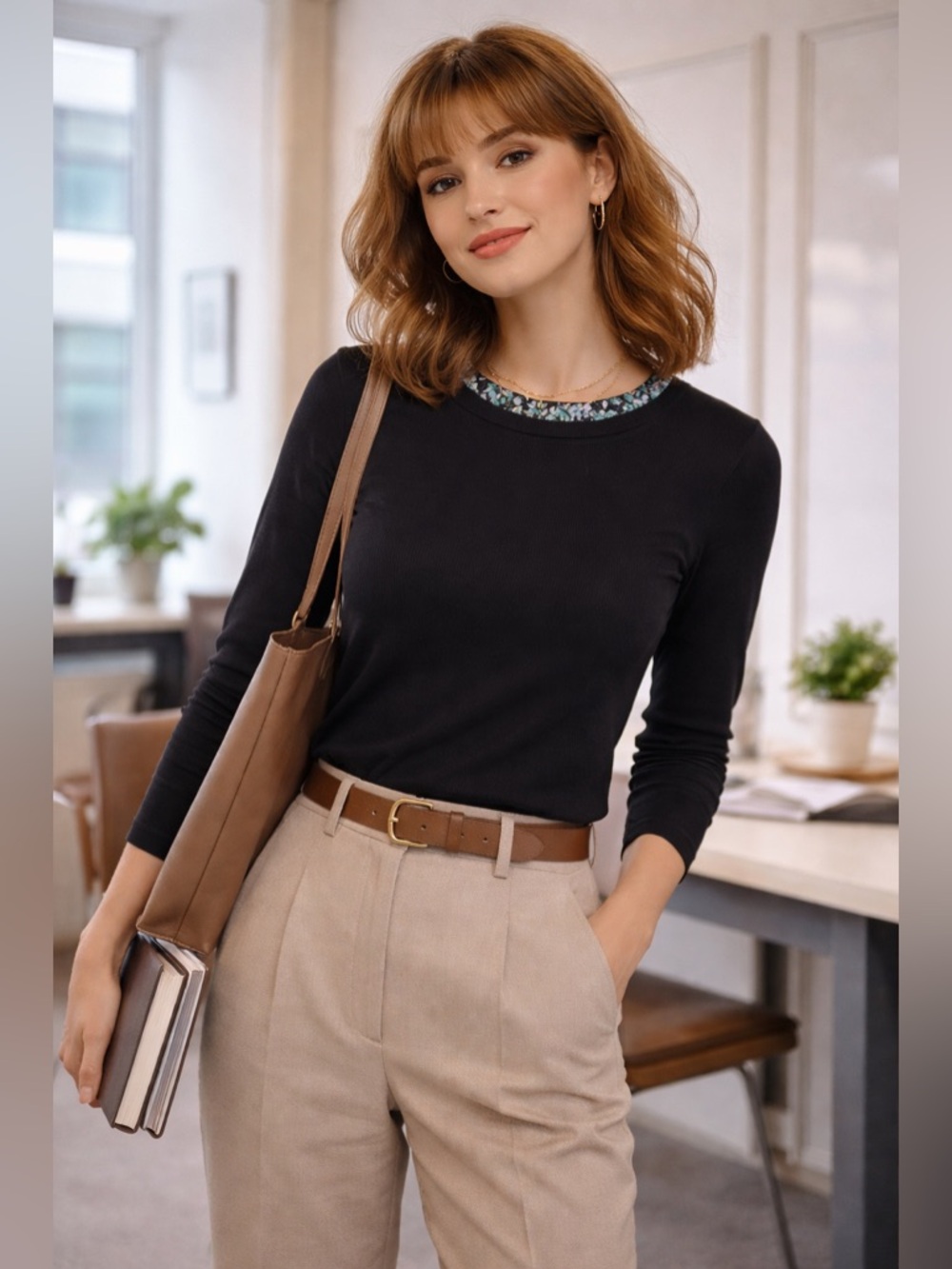 J.Crew Black Cotton Long Sleeve Top Printed Neckline Keyhole Back Size S